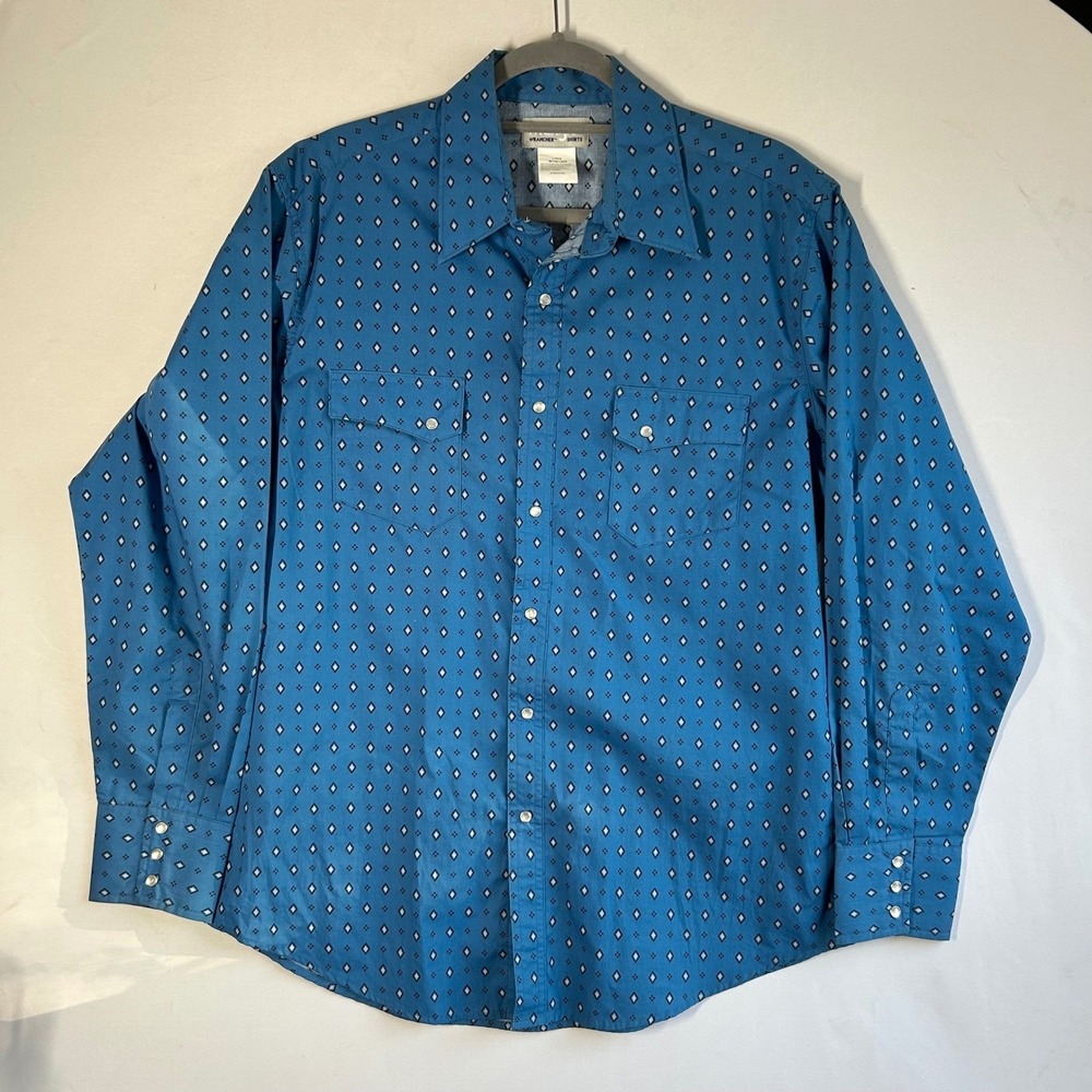 Wrangler Wrancher Mens Blue Diamond Print Pearl Snap Western Shirt L MTW1269